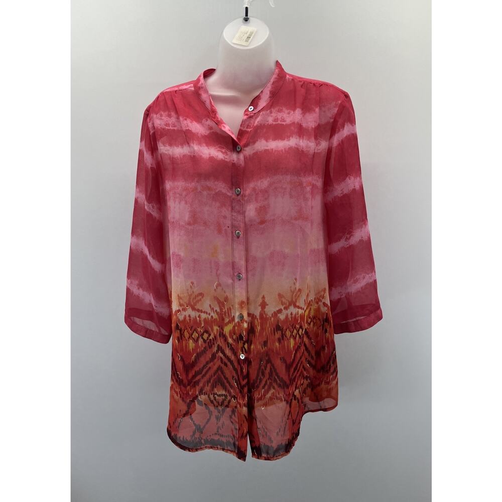 Chico's Top 2 Women's Small Pink Orange Red Sheer 3/4 Sleeve Blouse Button-Up